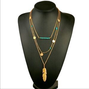 Bohemian Feather Multi Layered Necklace Gold Plated Turquoise Beaded Gold Coin